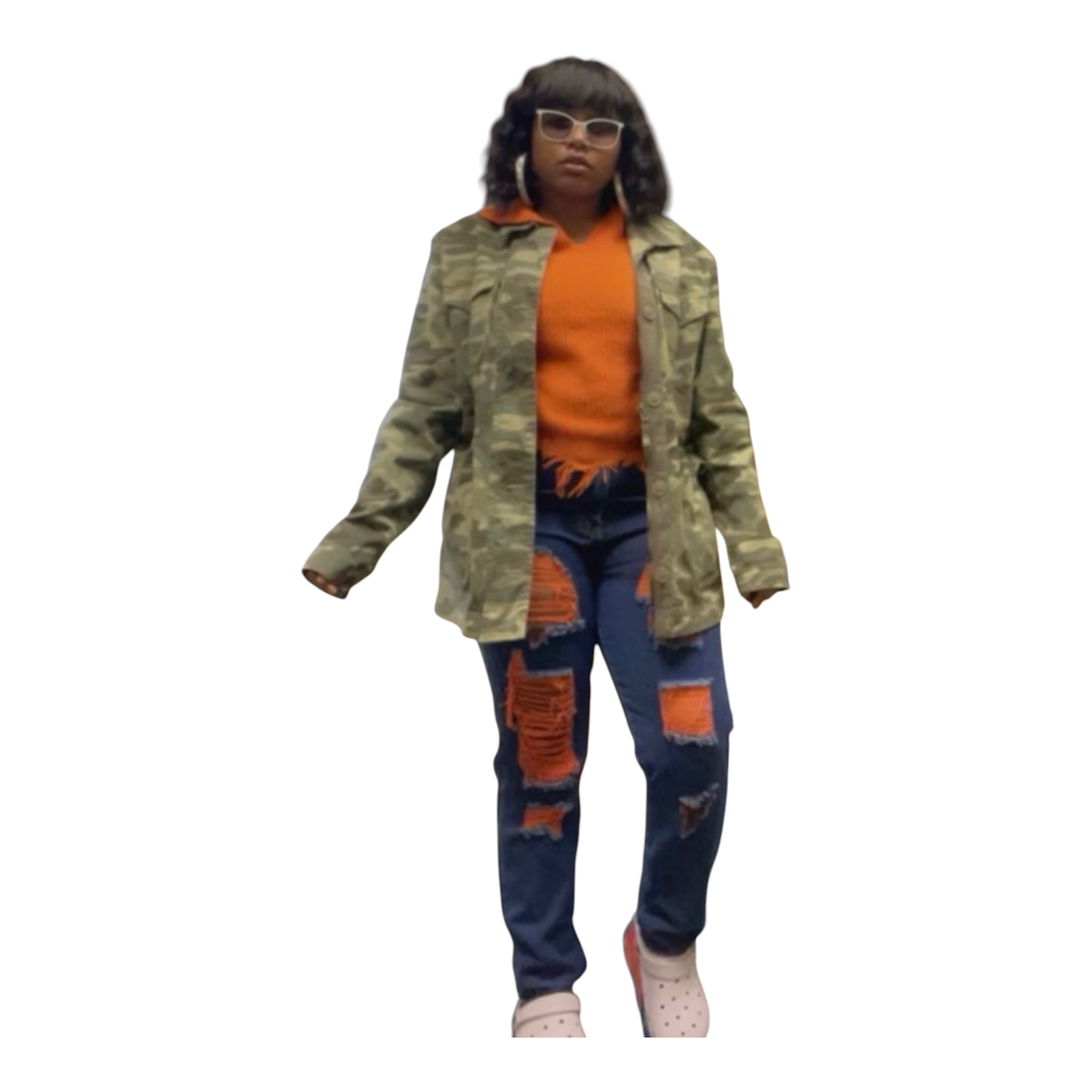 The Voltage Shredded Jean in Orange doesn’t cool down. Neon orange accent stitching cuts through deliberately shredded distress detail — warm, electric, and built for the woman who brings the heat wherever she goes.