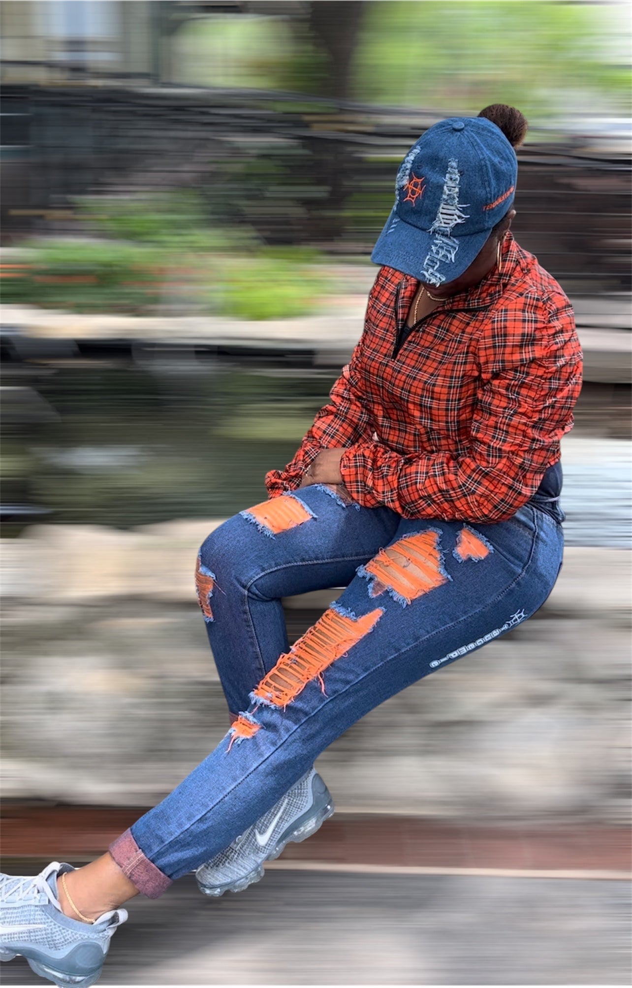 Heat you can wear. The Voltage Jean in Orange brings neon fire to distressed denim — bold orange accent stitching, shredded detail, and a stretch fit that commands attention without asking for it.