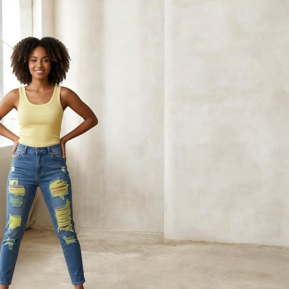 Voltage Shredded Jeans | Yellow | Neon Accent Distressed Denim