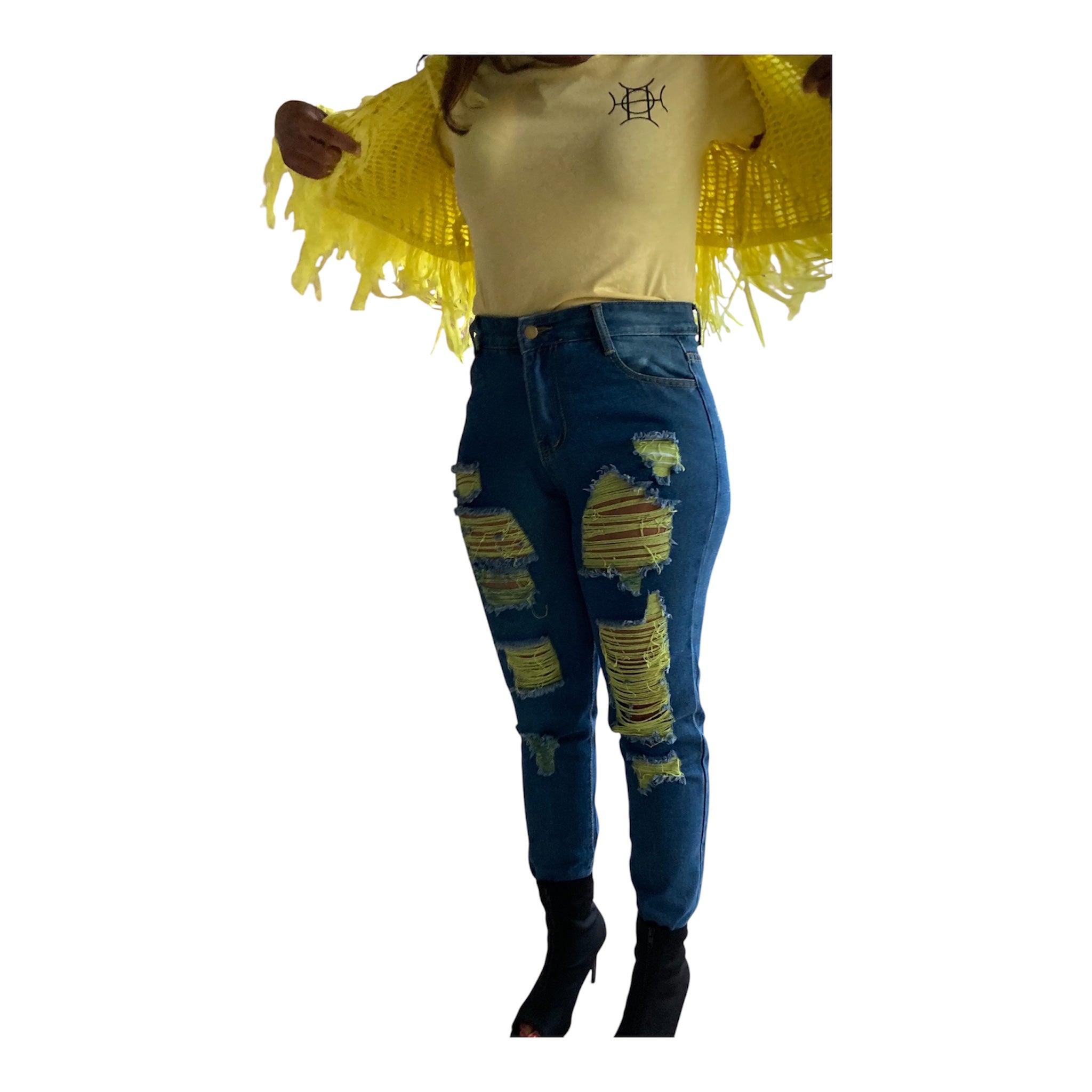 Charged and unapologetic. The Voltage Jean in Yellow hits different — neon yellow accent stitching, shredded detail, and a fit that refuses to go unnoticed.